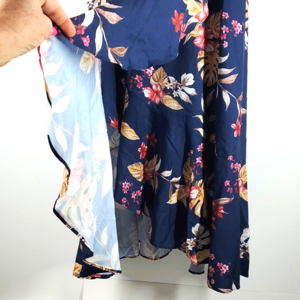 JJs House Navy Floral Midi Dress 12 NWT Ruffle Wrap Tropical Wedding Guest - Picture 5 of 12